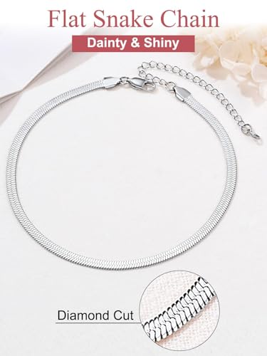 FOCALOOK 14K Gold Plated Necklaces for Women, Fashion Herringbone Choker Necklace Stainless Steel Flat Snake Chain 3/5MM(W) 12.5"/15"/18"+3.5"(L) - color: 5MM-Silver-15"