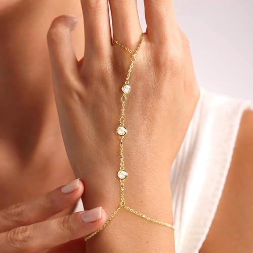 BAYLAY Hand Chain Bracelet, 14K Gold Plated Ring Bracelet Hand Chain Dainty Gold Bracelet for Women Trendy Finger Ring Slave Bracelets Hand Jewelry for Women Summer Beach Boho Gifts Trendy Stuff - color: 3CZ-7mm