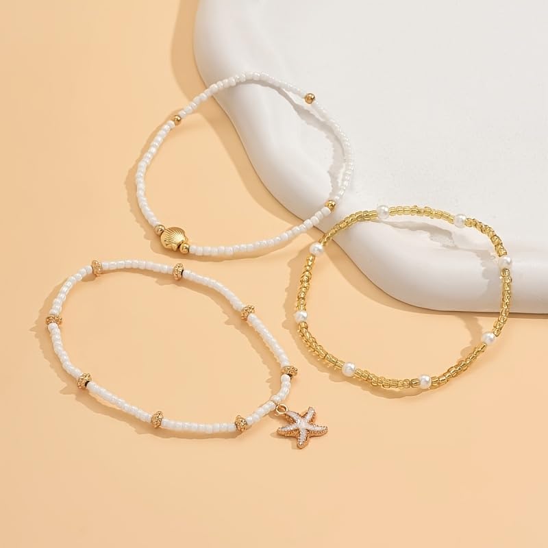 3Pcs Bohemian Beaded Anklet Set for Women, Faux Pearl Shell Starfish Summer Beach Ankle Bracelets, Vacation Holiday Foot Jewelry
