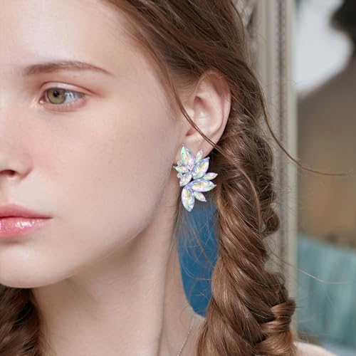 Bohemian Statement Sparkly Colourful Fancy Rhinestone Crystal Flower Dangle Drop Stud Earrings Vintage Wedding Bridal Prom Earrings for Women - color: Colorful White