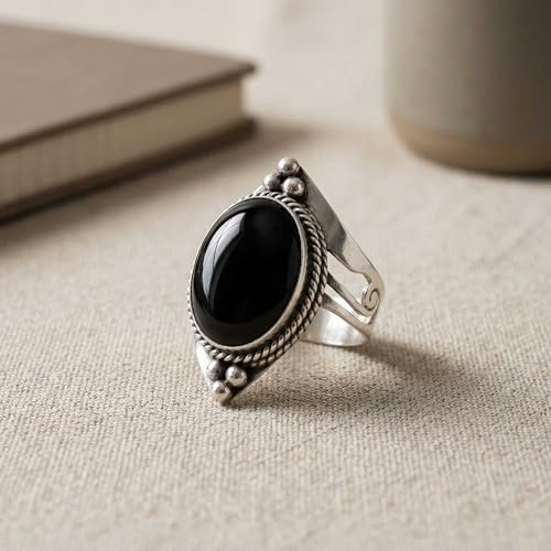 Handmade 925 Sterling Silver Plated Ring Natural Gemstone Carnelian, Rose Quartz, Tiger Eye, Crystal Oval Boho Jewelry For Women - color: Black Onyx