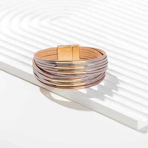 FANCY SHINY Boho Leather Bangle Bracelets Stackable Noodle Tube Bracelets Layered Wrap Cuff Bracelets with Magnetic Clasp - color: Grey