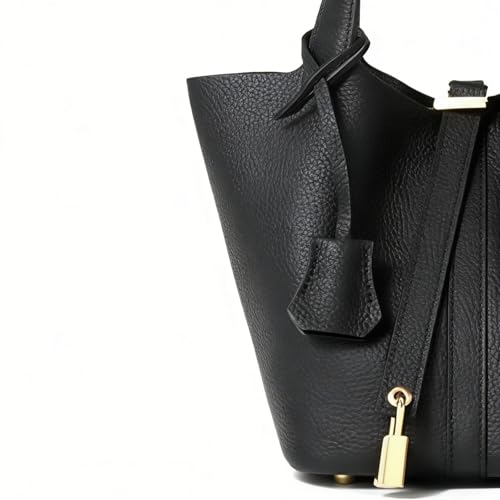 Genuine Leather Bucket Bag for Women: Lock Design Shoulder Handbag Versatile Top-Handle Tote Fashionable Vegetable Basket - color: Black
