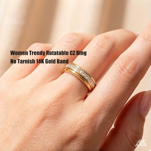 6mm Titanium Fidget Rings for Women Anxiety Relasing, Full Cubic Zirconia Ring Eternity Wedding Band Ring Love Statement Jewelry, Hypoallergenic Stainless Steel Gold Rings for Women No Tarnish - color: gold-fidget