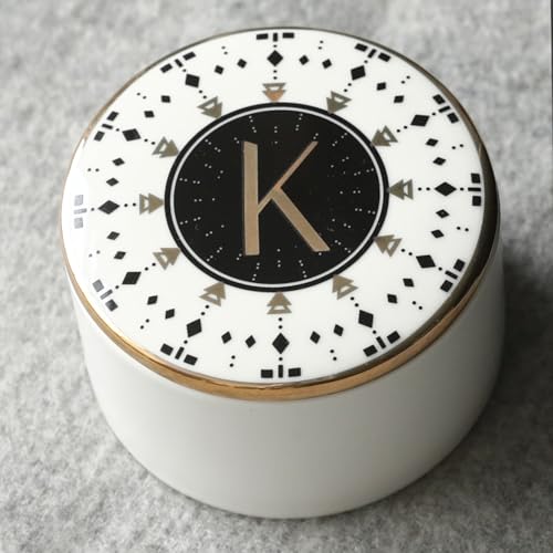COLLECTIVE HOME - Monogram Jewelry Box, Bohemian Ceramic Trinket Box, Storage for Necklace Ring Bracelet Keys, Birthday Mother's Day Christmas Gift for Women, 3.25" x 2.5" (K) - color: K