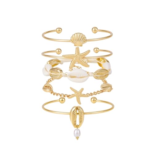 Shell Bracelet Seashell Boho Beaded Stretch Bracelets for Women Summer Beach Bracelets Starfish Charm Bracelet Stackable Gold Plated Bracelets Set for Women - color: h-gold