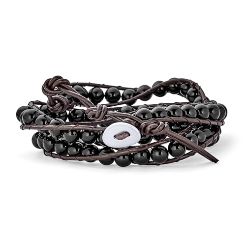 Bling Jewelry Unisex Two Tone Multi Strand Layered Link Chain & Bead 6MM Gemstone Tiger Eye Black Onyx Crystal Ball Beads Bracelet Teen Silver Tone Oxidized Stainless Steel Toggle Clasp Adjustable