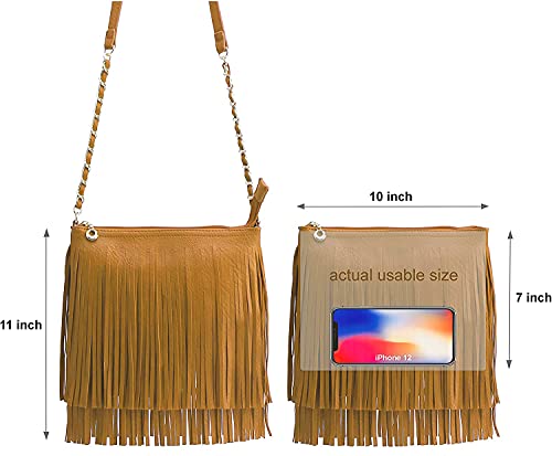 Solene Fringe Crossbody Shoulder Bag with Strap, Tassel Messenger bag, Country Style Western Fringe Purse for Women - color: Mustard