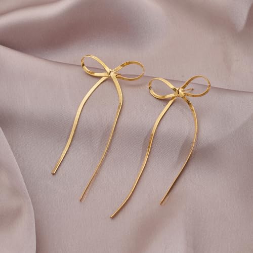 Gold Silver Bow Drop Earrings for Women Long Tassel Chain Bow Earrings Ribbon Bowknot Dangle Earrings Jewelry Gifts - color: Gold Bow A