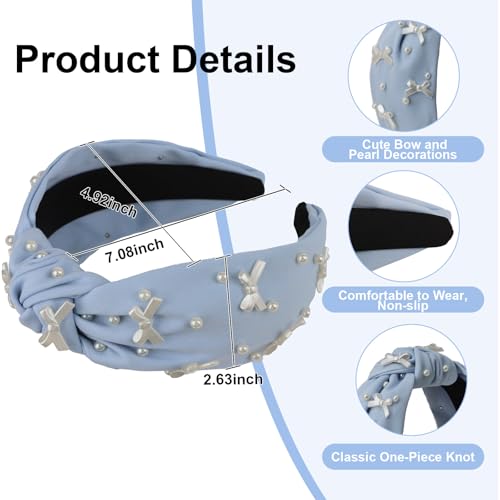 Blue Headband Bow Pearl Knotted Headbands for Women Girls Cute Fashion Wide Headbands for Women Non Slip Hairbands Head Bands for Women's Hair Bow Hair Accessories - color: Blue-02