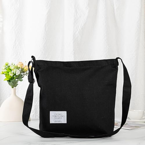 Covelin Women's Retro Large Size Canvas Shoulder Bag Hobo Crossbody Handbag Casual Tote - color: Black