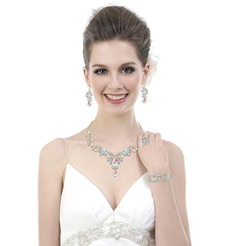 Paxuan Crystal Bridal Wedding Jewelry Sets for Women Rhinestone Teardrop Crystal Statement Choker Necklace Drop Earrings Link Bracelets Rings Teardrop Jewelry Set for Brides Bridesmaids - color: Necklace+Earrings+Bracelet+Ring（AB）