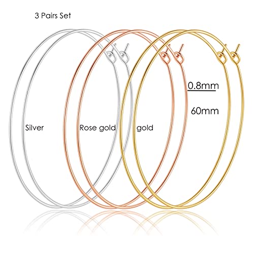 Multipack Dainty Large Thin Gold Hoop Earrings for Women Hypoallergenic Earrings Lightweight 30mm 50mm 60mm 70mm Gold/Silver/Rose Gold Hoop Earrings - style: 3 Pairs-60mm