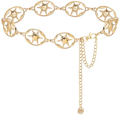 LIMHOO Women's Metal Waist Chain Belts Gold Silver Link Belt for Dresses - color: Star Gold, size: S: Length 105cm/41.3in