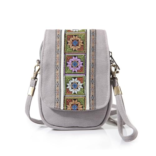 Goodhan Embroidery Canvas Crossbody Bag Cell phone Pouch Coin Purse for Women - color: Light Grey