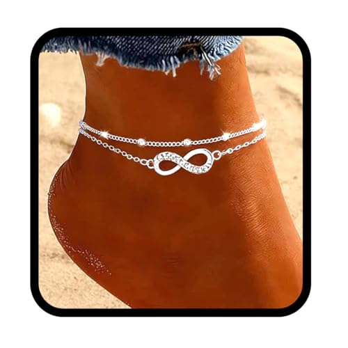 Yalice 925 Silver Ankle Bracelets Chain for Women Dainty 14K Gold Plated Waterproof Beads Anklets Layered Beach Foot Jewelry Gift - color: Silver-Infinity