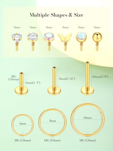 Oveta 16G 18G Flat Back Studs Earrings for Tragus Cartilage Piercing Jewelry, Surgical Steel Nose Rings Hoops 6/8/10mm, Silver/Gold - color: Gold, size: 18g*6/8/10mm bar