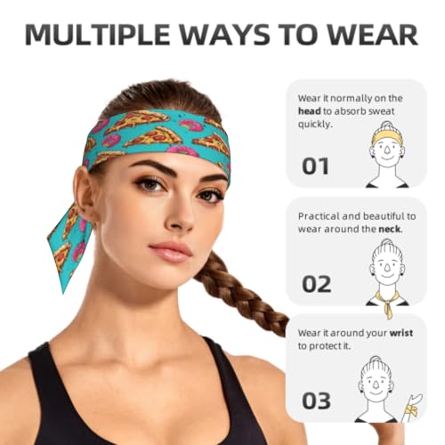 Sports Tie Headband Bandana Running Athletic Sweat Band Elastic Adjustable Sport Head Tie for Men Women Head Ties Ninja Tie Headbands Tennis Sweatbands Soccer Basketball Teams Running Head Band - color: Funny pizza donuts