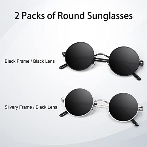 Round Polarized Sunglasses Men Women,Retro Metal Hippie Shades with 100% UV Protection - color: B3- Black Frame Black Lens + Silvery Frame Black Lens