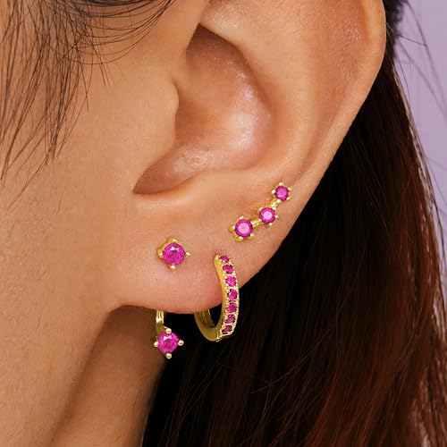 3 Pairs Dainty Small 4th of July Earrings for Women Trendy, Birthstone Stud Huggie Hoop Jacket Stack for Cartilage Helix, Gold Plated Hypoallergenic Cute Women Fashion Accessories Western Jewelry Gifts - color: 10Pink-Oct (Gold)