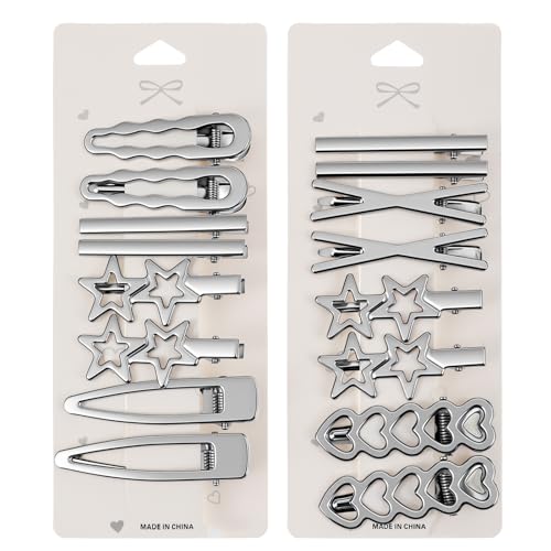 Ymapinc Silver Star Hair Clips, 16pcs Y2K Heart Hair Barrettes, Hair Accessories for Women Girls, 2000s Style Non-Slip Silver Metal Clips