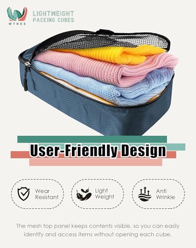WTREE 4-Piece Packing Cubes Travel Accessories Set for Suitcases - Luggage Organizer Bags with Double Zipper - Mesh Top - Small/Medium/Large/Slim - Dark Blue - color: Dark Blue, size: Slim, Small, Medium, Large