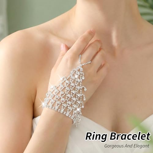 Chain Ring Bracelet Rhinestone Hand Chain Bracelet Silver Fingerless Gloves Jewelry Silver Metallic Glove Sparkle Wedding Hand Chains, Masquerade Glove Rhinestone Bracelets for Women