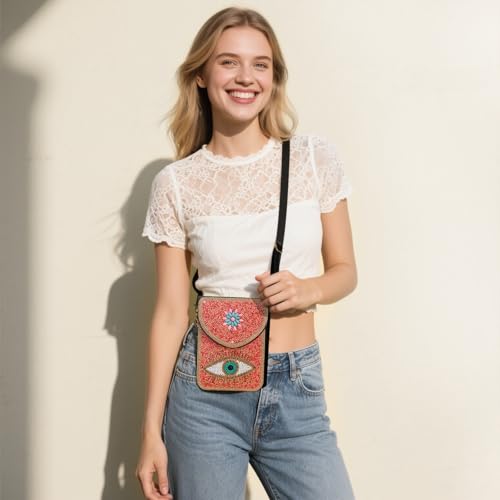 Small Beaded Crossbody Bag for Women, Boho Cell Phone Shoulder Purse Wallet with Handcrafted Colorful Beads - color: Eye-pink