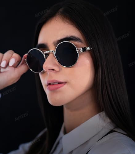 AIEYEZO Round Steampunk Sunglasses for Men Women Retro Circle Hippie Glasses Metal Frame 100% UV Blocking Lens - color: Silver/Grey