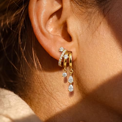 Triple Huggie Stacked Earrings for Women Gold Chain Drop Dangle Earrings Cute Statement CZ Earrings Trendy Dainty Jewelry Gift - color: Gold 6