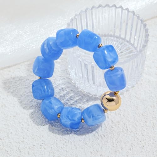 Multicolor Chunky Beaded Bracelet for Women Bold Acrylic Resin Stretch Bracelet Summer Beach Statement Bracelets Trendy Elastic Bangle Jewelry - color: Bead bracelet-light blue