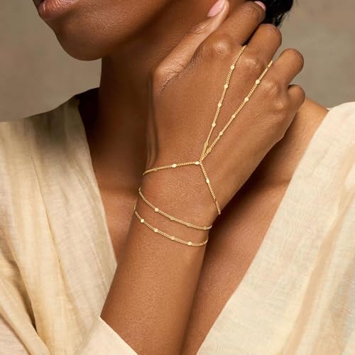 Hand Chain Bracelet for Women Trendy, Dainty Silver Beaded Finger Ring Bracelet Non Tarnish Minimalist Adjustable Simple Cute Silver Bracelets Waterproof Fashion Jewelry - color: Gold-05