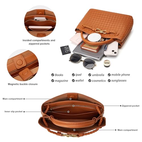 Woven Tote Bag Womens Purse: Vegan Leather Shoulder Handbags - Fashion Summer Beach Tote Bags - Large Travel Totes - color: A6 Medium Brown