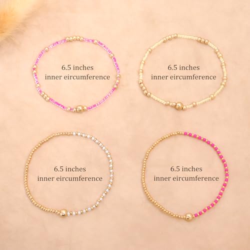 Gold Beaded Stackable Friendship Bracelets Set for Women, Handmade Boho Stretch Summer Jewelry Gift. - color: gold pink fuchsia white yellow