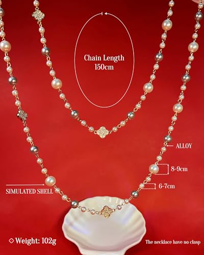 Long Pearl Necklace for Women, 8mm Simulated Pearl Strand Necklace, Layered Multi Strand Gold Beaded Necklace, 58" No Clasp Wrap Necklace Vintage Costume Jewelry Gift - style: 01-Long pearl necklace-Grey