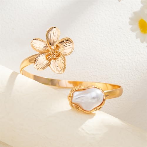 COLORFUL BLING Ocean Starfish Flower Arm Cuff Bracelet for Women Boho Floral Bangle Summer Beach Vacation Armband Jewelry - color: C gold flower