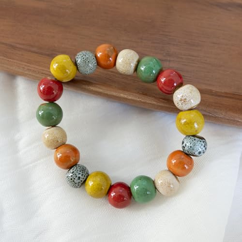 Handmade Multi-Color Faceted Ceramic Beads Bracelet for Women, Boho Stretch Bracelet with Oval Colorful Glazed Beads, Adjustable Bohemian Jewelry Gift for Mom Wife - color: big colorful