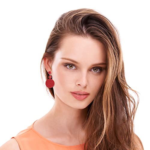 Boho Raffia Ball Earrings for Women, Handmade Statement Drop Earrings Straw Dangle Earrings Beach Vacation Jewelry - color: Red
