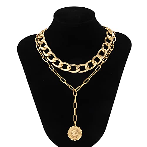 JWICOS Gold Boho Cuban Chunky Necklace Layered Dainty Paperclip with Coin Pendant Choker Chain for Women (Gold) - color: Gold