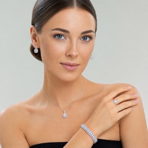 Paxuan 4pcs Cubic Zirconia Wedding Jewelry Sets for Bride Bridesmaid Cubic Zirconia Pendant Necklace Earrings Link Tennis Bracelet Open Ring Set for Women - color: Platinum Plated White Cubic Zirconia