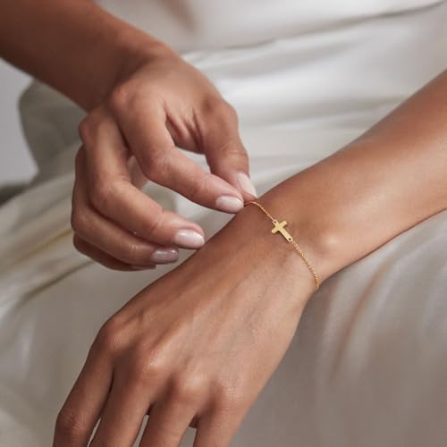 Tewiky Waterproof Gold Bracelets for Women Non Tarnish - Dainty Stack 14K Gold Plated/Sterling Silver Chain Bracelets Set Adjustable Trendy Jewelry for Women - style: gold cross bracelet