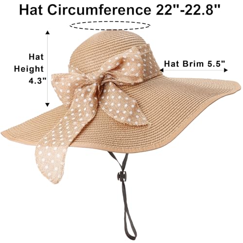 DRESHOW Beach Hats for Women Big Straw Wide Brim Summer Hat Floppy Foldable Roll up Cap Sun Hat UPF 50+ - color: 1 Pc：khaki+white Dot Hat, 4.7" Brim