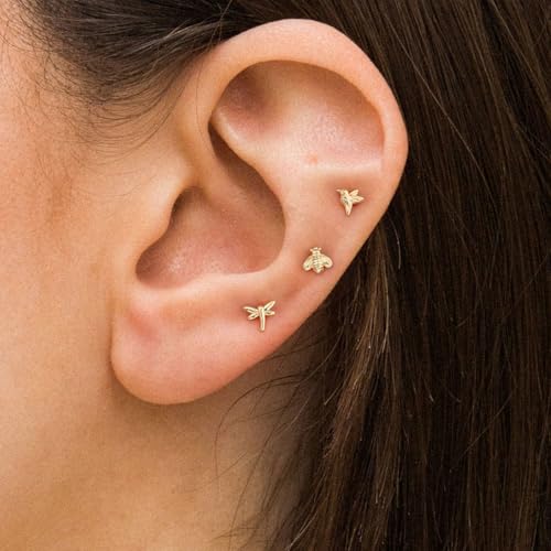 VRIUA 20G Tiny Flat Back Earrings for Women - 14K Gold/Silver Plated Small Flat Back Stud Earrings Hypoallergenic Cartilage Helix Piercing Jewelry - color: 5/6/6mm-Hummingbird Bee Dragonfly Flat Gold