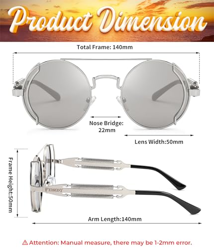 FEISEDY Aviator Sunglasses for Men Women, Retro Steampunk Gothic Round Metal Frame Hippie Glasses B2351 - color: Silver Frame With White and Silver Lenses