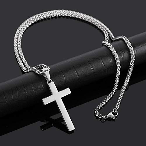 P. BLAKE Cross Necklace for Men Boys- Stainless Steel Cross Pendant with 16-24 Inches Chain Christian Religious Jewelry Gifts - size: 22 inches, style: Silver Pendant 1.7*0.9