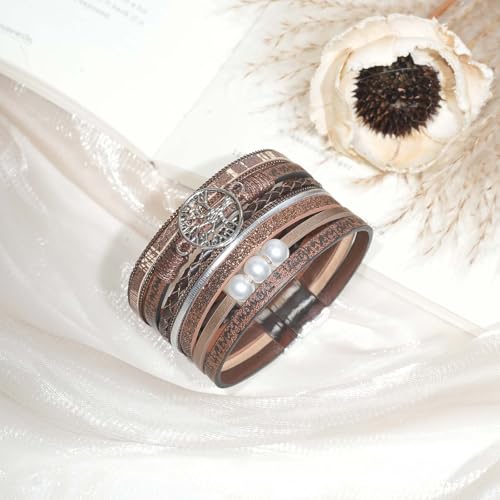 Leather Wrap Bracelet for Women, Boho Cuff Bracelet with Strong Clasp, Multi-Layer Crystal Leather Bracelet for Valentine Mother's Day - color: 02-Tree of Life-Brown