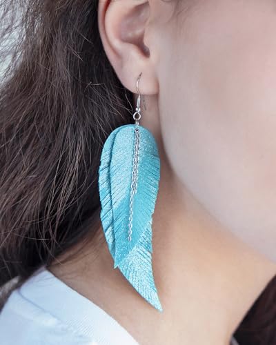 Black shiny Leather Feather Earrings for Women, Lightweight Minimal Boho Dangle Earrings, Small Simple Everyday Jewelry - color: Turquoise shiny