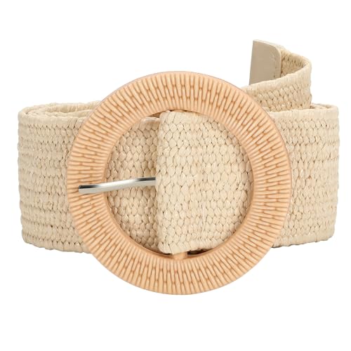 SUOSDEY Straw Woven stretchy Waist Belt for Women Dresses,Wide Boho Braided Elastic Belt with Round Buckle - color: 05-beige, size: Fits waist from 28"-32"
