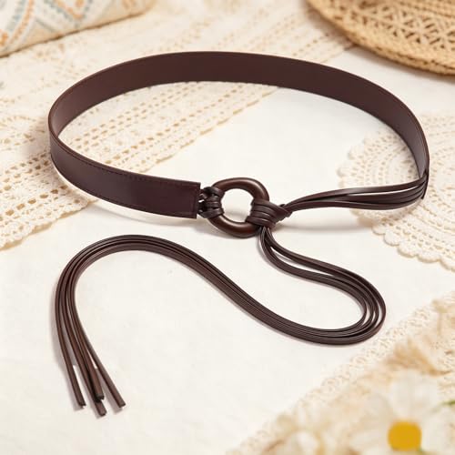 Knotted Waist Belt for Women PU Leather Thin Strap Belt for Dresses - color: Irregular-coffee