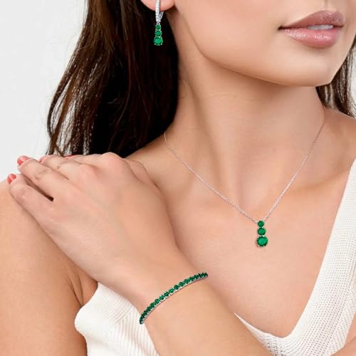 Crysdue Cubic Zirconia Jewelry Set for Women Bridesmaid, Classic Round Cut Drop Lightweight Lever Back Earrings Pendant Necklace Tennis Bracelet for Wedding Prom Party - style: 3pcs Green, Silver